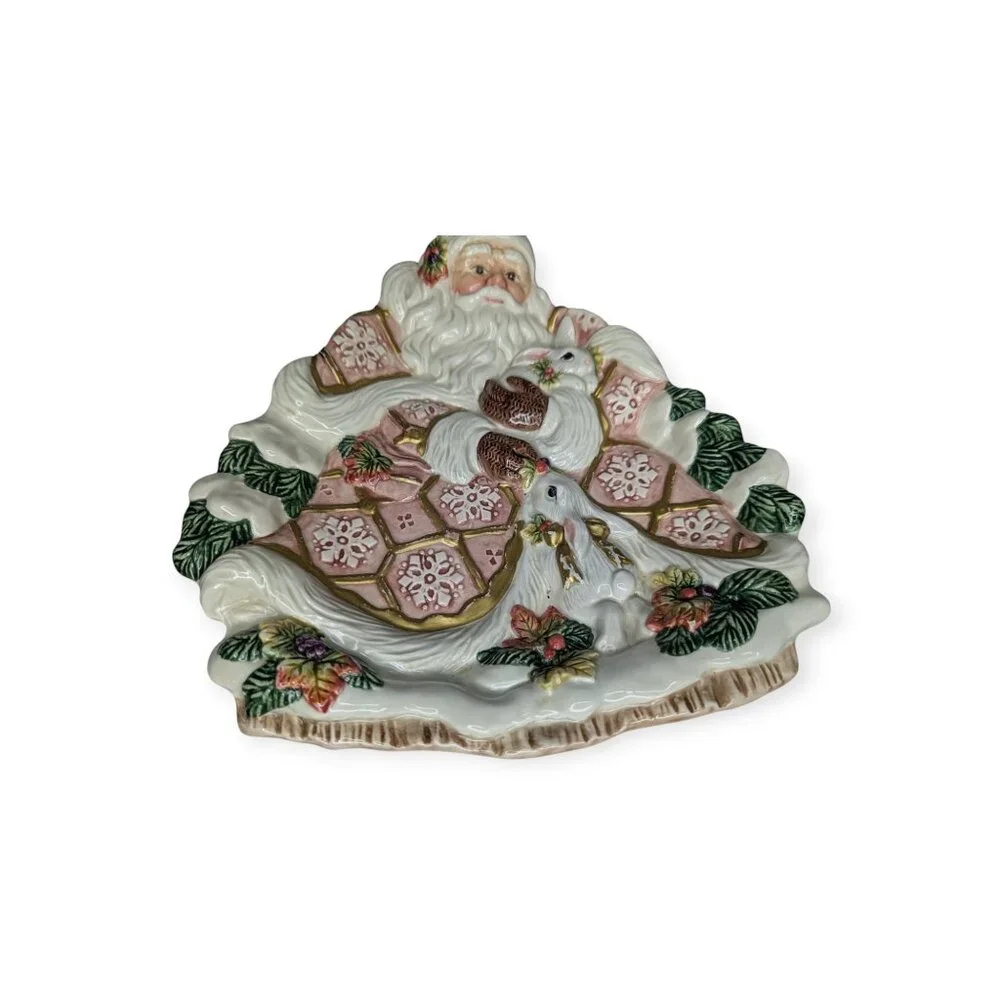 Vintage 1996 Fitz & Floyd Figural Christmas Santa Plate w/Rabbits & Snowflakes